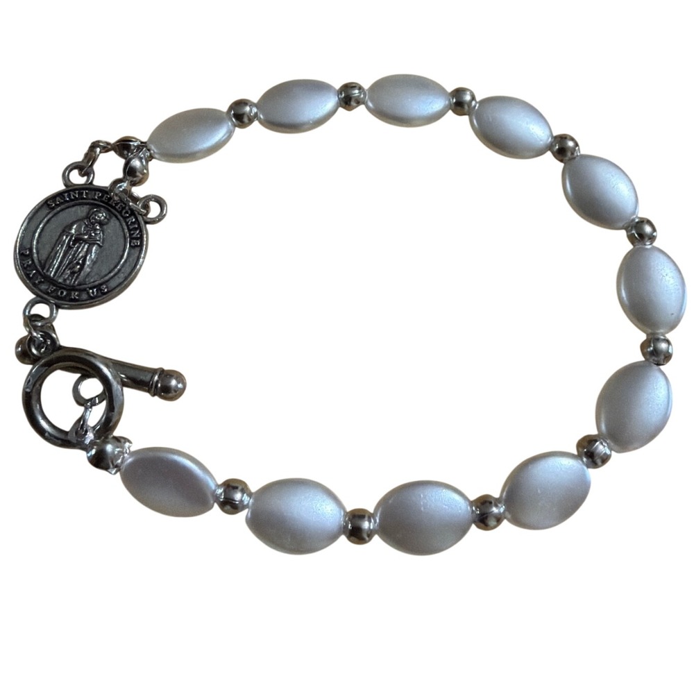Saint Peregrine Patron Saint of Chronic Illness Faux Pearl Toggle Bracelet Gift